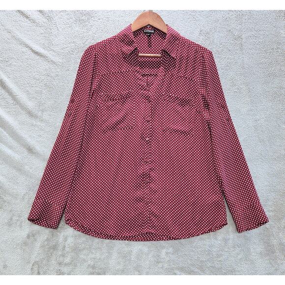Express Womens Burgundy White Polka Dot Portifino Roll Tab Blouse Size Medium - Picture 1 of 10